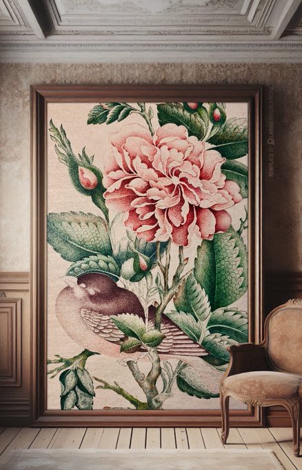 A framed botanical tapestry featuring pink camellia flowers and green leaves, displayed in an elegant room next to an antique chair.