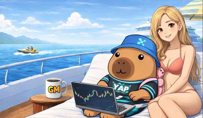 An anime-style illustration showing a character in a 'YAP' cap using a laptop with a trading chart, accompanied by a woman in a bikini on a yacht, with a 'GM' mug on a side table.