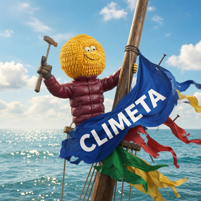 A fluffy yellow feather-headed character in a maroon puffer jacket stands atop a wooden mast over the ocean, triumphantly holding a hammer beside a tattered blue banner reading "CLIMETA" along with colorful windswept flags. The image visualizes a celebratory milestone moment, with the triumphant pose and maritime setting symbolizing the journey toward merging digital creativity with tangible nature impact as referenced in the post.