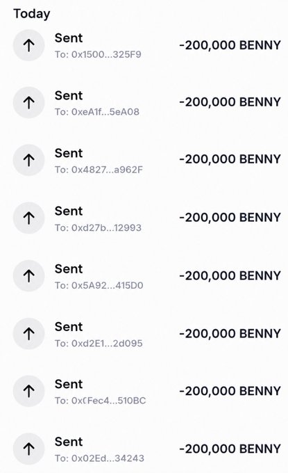 A transaction history showing multiple "Sent" entries of -200,000 BENNY to various addresses under the "Today" section.