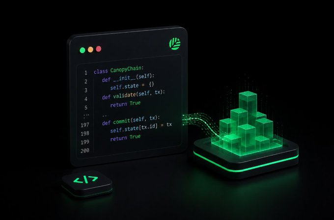 A stylized code editor showing a Python class CanopyChain with __init__, validate, and commit methods, displayed next to green 3D blockchain blocks.