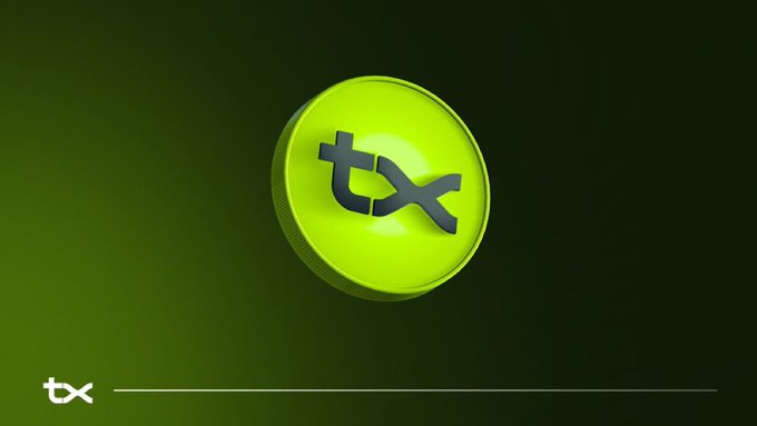 A 3D rendering of a glowing green and yellow coin featuring the 'tx' logo on a dark green background.