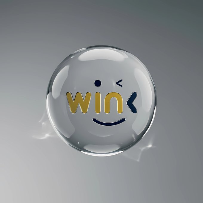 A glossy silver glass sphere sits on a reflective gray surface, displaying a smiley face design with the word 'WINK' in gold and dark blue lettering.