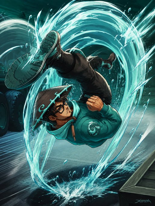 An anime-style illustration of a character with glasses and a teal hoodie performing an acrobatic kick, surrounded by swirling water effects.