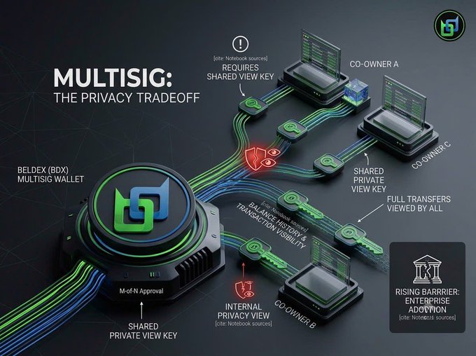 An infographic titled 'MULTISIG: THE PRIVACY TRADEOFF' illustrates the BELDEX (BDX) Multisig Wallet connecting to Co-Owners A, B, and C, highlighting the balance between transaction history visibility and internal privacy view keys.