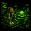 A dark, pixel-art image showing a character at a control panel with green glowing screens.
