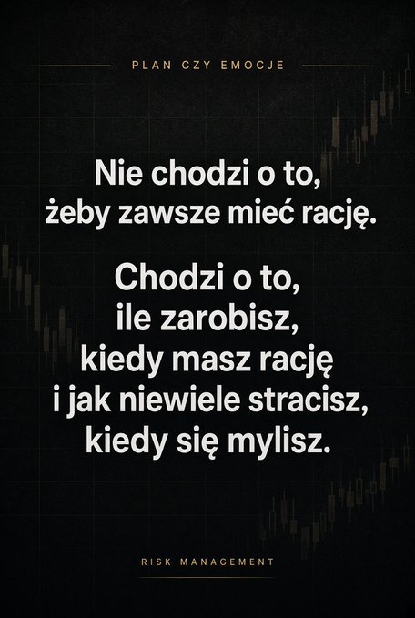 A black graphic with Polish text 'PLAN CZY EMOCJE' at the top, reading 'Nie chodzi o to, żeby zawsze mieć rację. Chodzi o to, ile zarobisz, kiedy masz rację i jak niewiele stracisz, kiedy się mylisz.' with 'RISK MANAGEMENT' at the bottom.