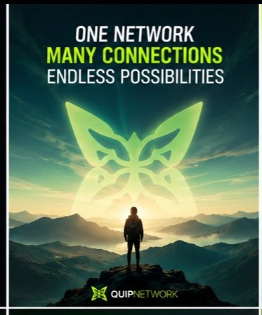 The image features a person standing at the top of a mountain with a butterfly-shaped logo in front of them, which appears to be part of an advertisement or poster promoting Quip Network's infrastructure updates. The text on the poster emphasizes that infrastructure should be simple and straightforward, as it is currently being updated by QuipNetwork. This simplification can lead to faster deployment and a cleaner experience for operators.