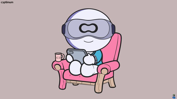 A cartoon character wearing a VR headset sits in a pink armchair holding a smartphone, with the word 'Optimus' in the top left corner.