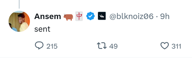 A screenshot of a tweet from user @blknoiz06 (Ansem) showing the single word "sent" with 215 replies, 49 retweets, and 311 likes. The post highlights that "sent" tweet as evidence of ANSEM's token airdrops, with recipients reportedly receiving $2,000 worth of tokens.