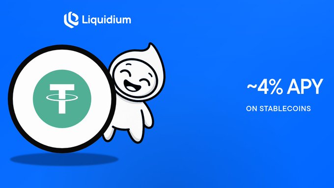 A Liquidium advertisement on a blue background featuring a ghost-like mascot next to a Tether (USDT) coin icon, with text advertising '~4% APY ON STABLECOINS'.