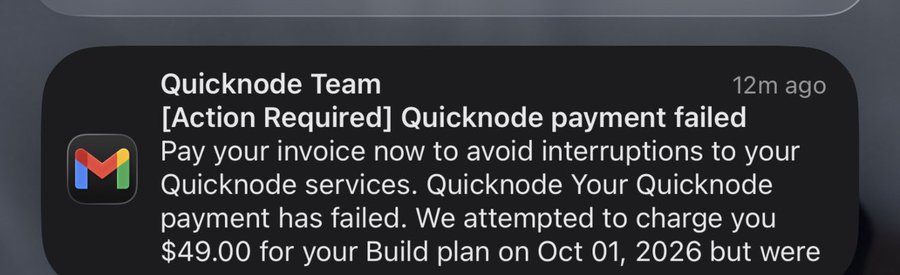 The post shows a text message notification supposedly from "Quicknode Team" claiming a $49.00 payment failed for a "Build plan" on Oct 01, 2026, urging immediate payment to avoid service interruptions. This relates to the accompanying caption as a real bill arriving amid zero income from "copyminting," highlighting the struggle between crypto/Web3 pursuits and actual expenses.