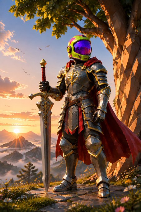 A digital fantasy illustration of a knight in ornate black and gold armor with a flowing red cape, holding a large sword and wearing a green helmet with a purple visor, standing in a scenic sunset landscape.