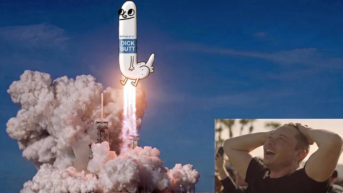 A humorous edited image showing a rocket labeled 'IMP4CK3N DICK BUTT' launching with massive smoke clouds, alongside an inset photo of a laughing Elon Musk.
