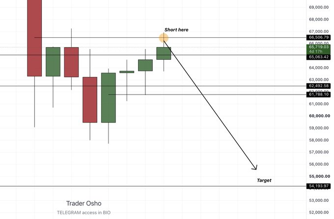 A BTC trading chart highlights a "Short here" yellow zone near the 66,506.79 resistance level, with an arrow pointing to a downside "Target" near 55,000.00 (54,193.97), illustrating the trader's plan to short Bitcoin after a tap of that key supply zone with invalidation above $67,200.
