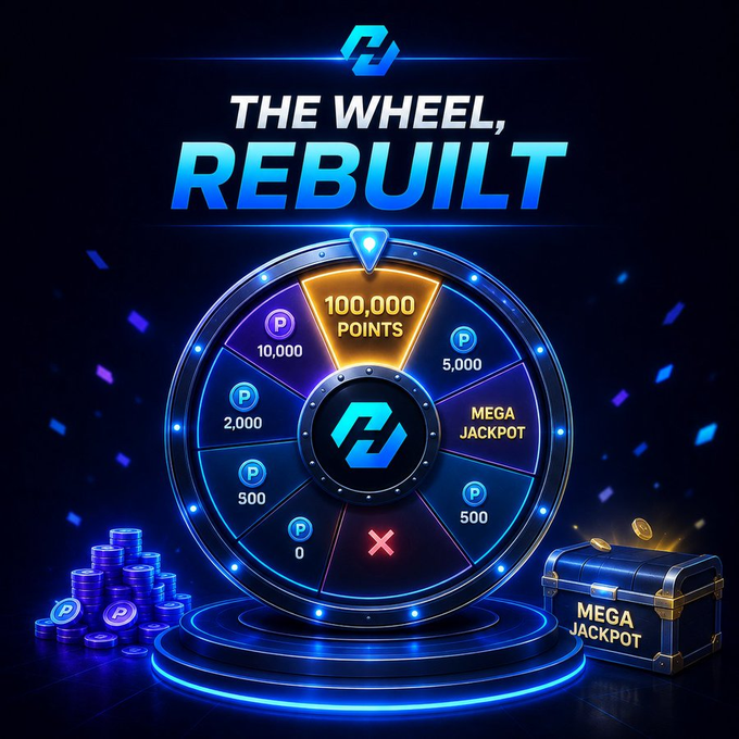A promotional graphic titled "THE WHEEL, REBUILT" featuring a glowing prize wheel with sections for 100,000 points, 10,000, 5,000, 2,000, 500, Mega Jackpot, and a red X, accompanied by stacks of blue coins and a treasure chest labeled "MEGA JACKPOT."