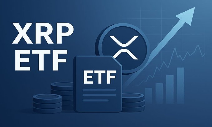 The image features a blue background with white text that reads "XRP EFT". Below this, there are three stacks of coins, each labeled with different names such as "Bitcoin", "Ethereum", and "Ripple". The coin stack labeled "Ethereum" is positioned above the XRP EFT. The text also includes a graph showing Bitcoin's price fluctuations over time.