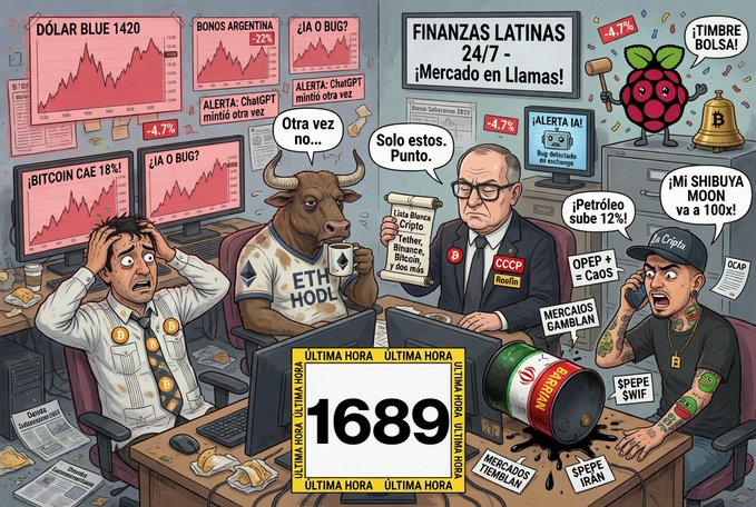 The image features a cartoon scene of people working at desks with computers and phones. In front of them sits a large label reading "1689 mailchi.mp/diariobitcoin/ Bitcoin pierde el piso y el mercado mira nervioso los USD $60.000 Ethereum se hunde y James Wo enfría el suitño de BTC,ETH & USDT Irán cumple 100 días en guerra y golpea petróleo, bonos e". The cartoon portrays a discussion related to Bitcoin, Ether, and USDT among the people in the office.