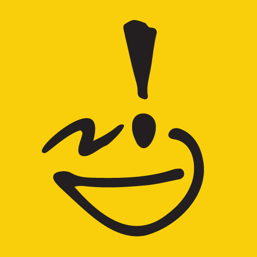 A yellow square logo featuring a black stylized smiling face with an exclamation mark as the dot above the 'i'.