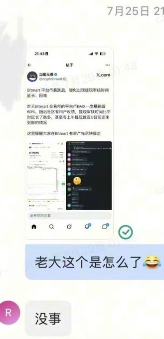 The image shows a Chinese-language chat screenshot where a user surnamed "橘子" (Orange) shares a Twitter post from @cryptobrowserHQ about BitMart platform issues, followed by a question "老大这个是怎么了" (Boss, what's going on?) and the reply "没事" (Nothing), seemingly unrelated to the accompanying post about @tina_nexus and BitMart employee communications.