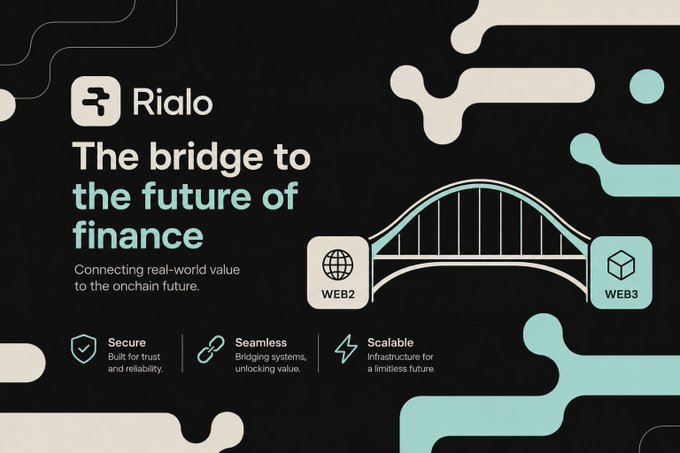 A promotional banner for 'Rialo', described as 'The bridge to the future of finance', featuring a graphic of a bridge connecting a 'WEB2' globe icon to a 'WEB3' cube icon.