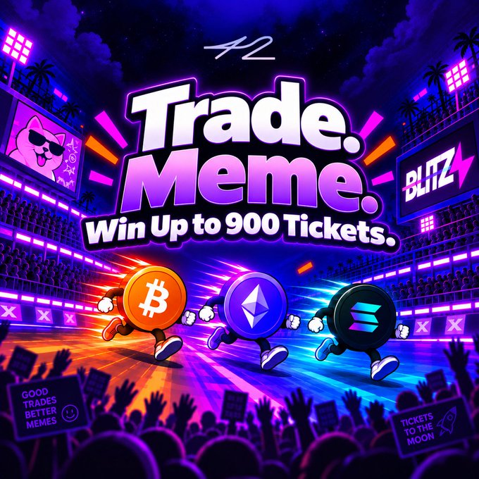 A vibrant promotional graphic featuring cartoon Bitcoin, Ethereum, and Solana mascots running through a neon-lit arena, with bold text reading "Trade. Meme. Win Up to 900 Tickets." alongside a "BLITZ" logo and a dancing dog character holding a "40% APR" sign. The image ties to the post by promoting a Blitz Token Race meme contest where users can win up to 900 tickets across three 300-ticket categories: Best Win Streak, Best Plot Twist, and Biggest Ouch.