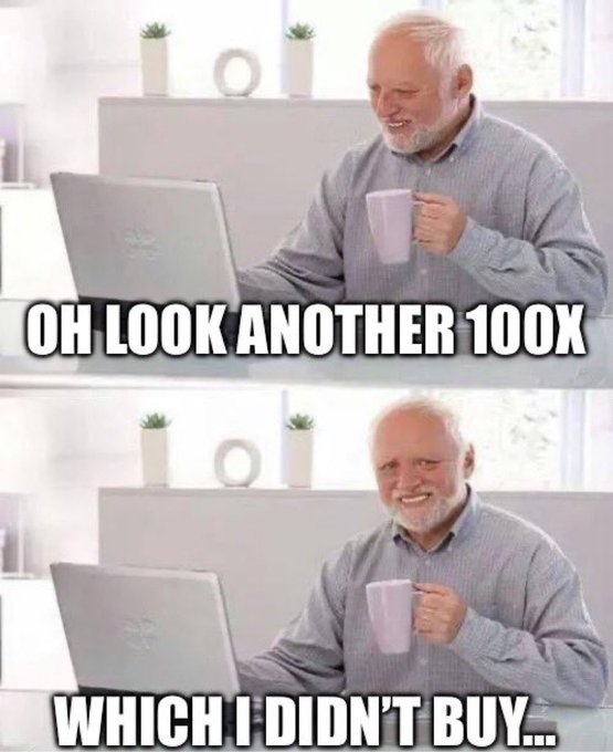 The image is a two-panel meme of the "Hide the Pain Harold" character, an elderly man smiling at his laptop while holding a mug. The top panel reads "OH LOOK ANOTHER 100X" and the bottom reads "WHICH I DIDN'T BUY..."

It relates to the "memecoin community:" context by humorously capturing the bittersweet experience of watching memecoins pump 100x while missing the trade entirely.