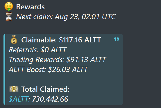 A cryptocurrency rewards dashboard showing "Claimable: $117.16 ALTT" with the next claim scheduled for "Aug 23, 02:01 UTC", broken down into Referrals ($0), Trading Rewards ($91.13), and ALTT Boost ($26.03), with Total Claimed $ALTT: 730,442.66.