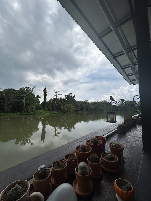 A serene view from a covered deck overlooking a calm pond lined with potted cacti, with lush tropical greenery and a partly cloudy sky in the background—capturing a peaceful morning greeting from somewhere in Bangkok.