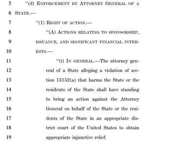 The image shows a page from a legal document outlining enforcement provisions by the Attorney General of a State, specifically Section (d)(1)(A) regarding rights of action relating to sponsorship, issuance, and significant financial interests under Section 13152(a). However, the image does not appear directly related to the accompanying post about Elizabeth Warren, as it contains no reference to her or her vote on any matter.