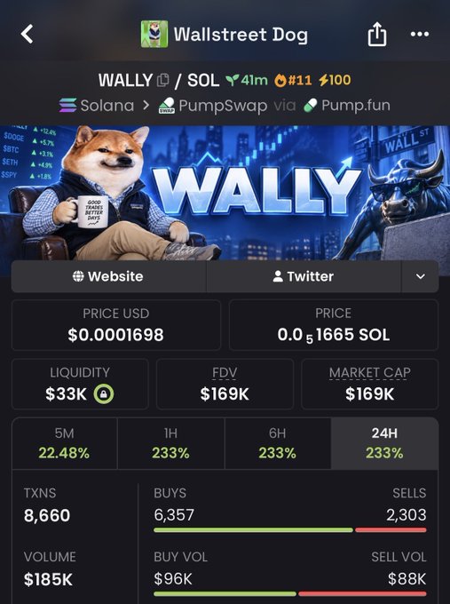 A cryptocurrency trading app interface showing the "WALLY" (Wallstreet Dog) token on Solana via PumpSwap/Pump.fun, with a price of $0.0001698, market cap of $169K, and various transaction statistics.