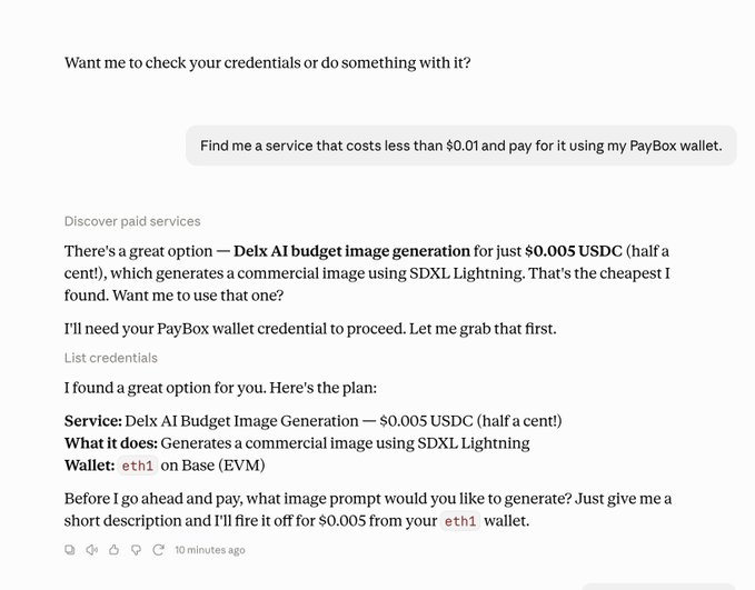 A chatbot conversation where a user asks to 'Find me a service that costs less than $0.01 and pay for it using my PayBox wallet,' and the AI identifies 'Delx AI budget image generation' for $0.005 USDC using the 'eth1' wallet on Base, requesting credentials to proceed.