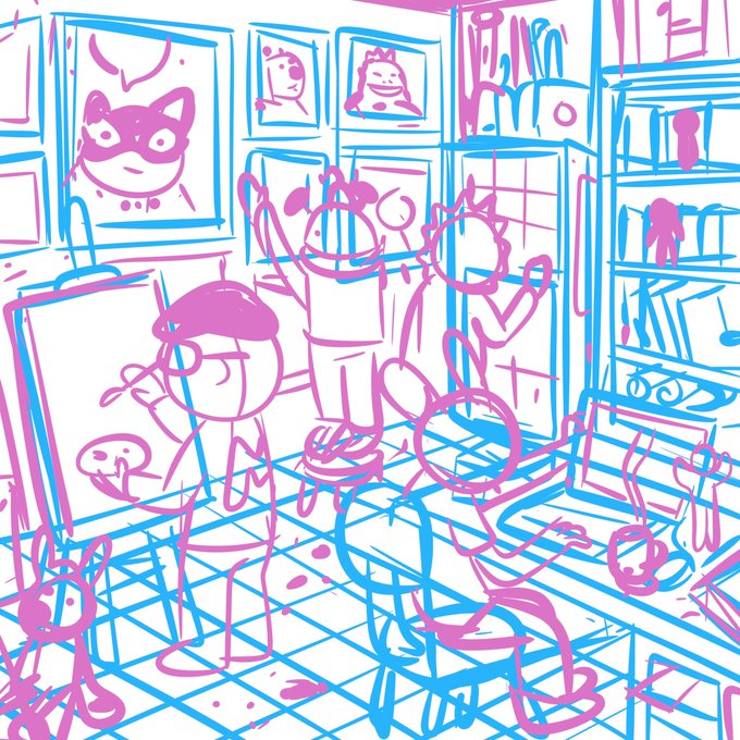 A loose, scribbled sketch in pink and blue ink depicting a gallery or studio scene where two figures, one painting at an easel, are surrounded by cat portraits on the walls and various objects scattered about. The whimsical, unfinished style suggests it's a preview of upcoming artwork intended for the @xrpcafe Daily Life collection.