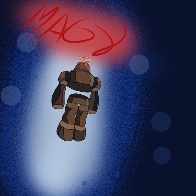 A digital illustration of a wooden golem-like figure with a golden halo, reaching upward toward a glowing red light against a dark blue background.
