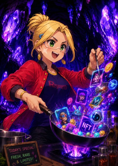 The image features a cartoon girl with blonde hair wearing glasses and a red jacket who appears to be cooking something in a pan. She has a smile on her face as she stirs the contents of the pan, which are colorful and floating around her. The background is dark purple, creating an atmosphere that complements the girl's cheerful demeanor. In the bottom right corner of the image, there is text that reads "Today's special! Fresh rare NFTs limited!" This suggests that the girl might be selling NFTs in addition to cooking.