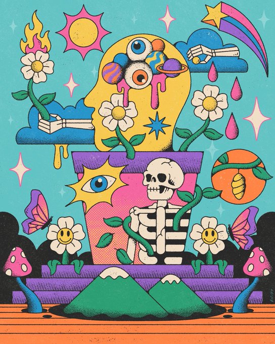 A colorful psychedelic illustration featuring a melting head with eyeballs, flowers, a skeleton, a sun, mushrooms, mountains, butterflies, and cosmic elements in a surreal composition.