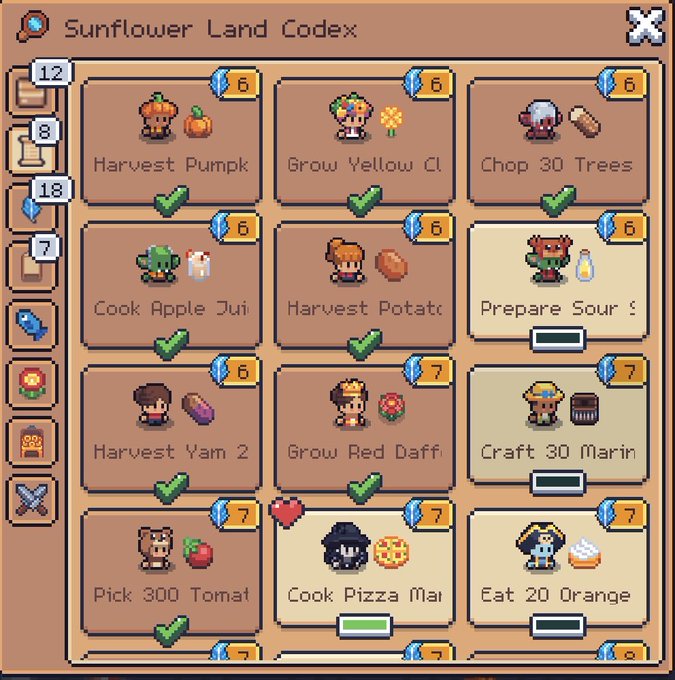 Pixel art game interface showing a 'Sunflower Land Codex' with various farming and cooking tasks like 'Harvest Pumpkin' and 'Cook Pizza'.