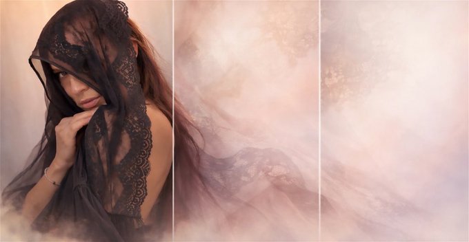 A woman wearing a black lace veil looks down thoughtfully in the left panel, while the two right panels fade into ethereal, misty pink tones, creating a dreamy, contemplative atmosphere that complements the cheerful "Gm" greeting.