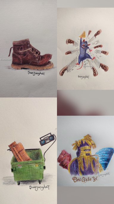 A collage of four hand-drawn sketches depicting a brown leather boot, a blue figure surrounded by bottles, a green dumpster with a cassette tape, and colorful yarn or fabric.