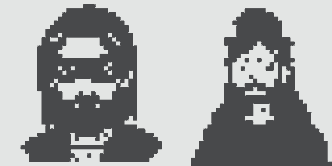 Two dark pixel-art character sprites on a white background, showing a helmeted figure on the left and a hooded figure on the right.
