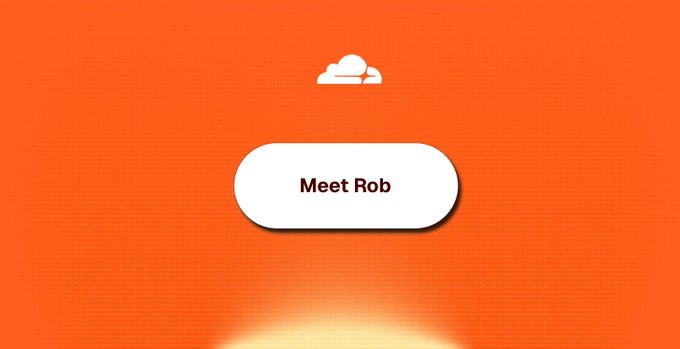 A vibrant orange graphic features a white cloud icon above a pill-shaped button reading "Meet Rob," introducing an AI-powered trading insights agent built on Cloudflare OS with x402 payment functionality.