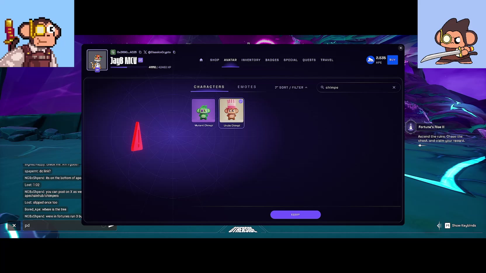 The image shows a computer screen displaying a game interface with two avatars, one of which has a red hat and the other wearing a green hat. The avatars are positioned next to each other, facing opposite directions. The background features a purple sky with mountains in the distance. The text on the screen reads "yo! it's non stop cooking back to back out here in the @OthersideMeta tap innnnnn".
