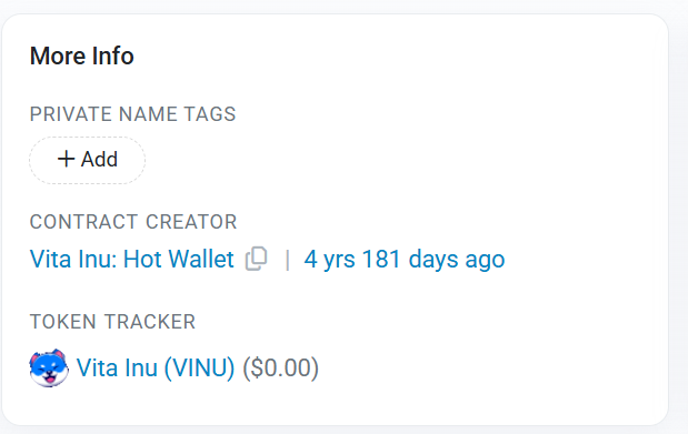 A 'More Info' interface panel showing a private name tags section, contract creator 'Vita Inu: Hot Wallet' (4 yrs 181 days ago), and a token tracker for Vita Inu (VINU) at $0.00.
