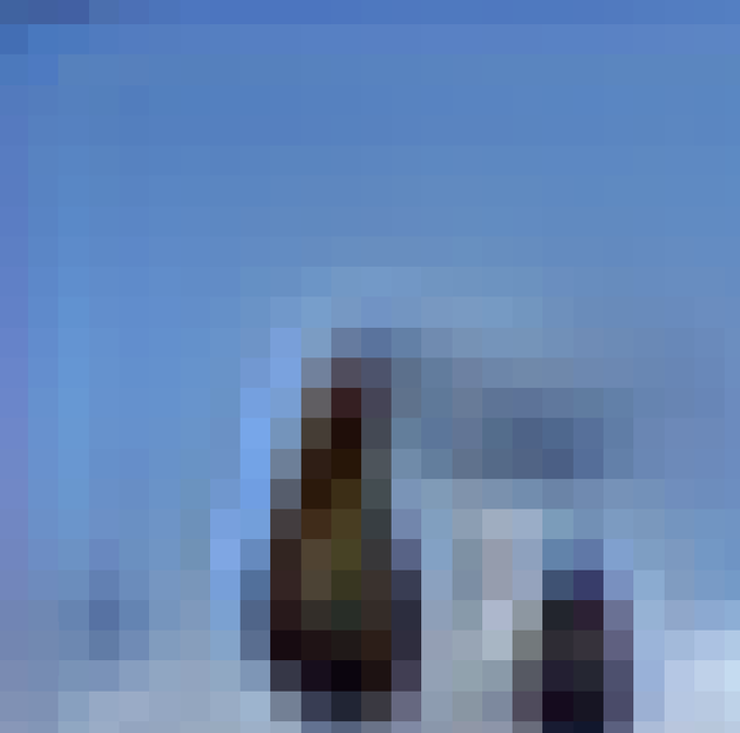 A heavily pixelated, low-resolution image shows indistinct shapes in blue, gray, and brown tones, possibly depicting a figure or object but too blurry to clearly identify.