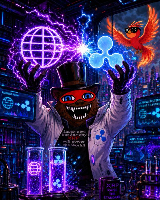 A menacing furry character in a top hat and lab coat unleashes crackling purple lightning between XRP and SWIFT logos, with a fiery red bird wearing sunglasses watching from above. The surrounding screens display text including "PAYMENT FLOW," "MERGING SYSTEMS BUILDING THE FUTURE!," "XRP LEDGER LIVE DATA STREAM," "XRP RAISE THE STANDARD," and the character's shirt reads "Laugh now, but one day XRP will power the World!"—symbolizing Ripple's triumphant challenge to SWIFT's legacy dominance in cross-border payments, as highlighted by Ripple's new MiCA CASP authorization in Luxembourg granting EEA-wide regulated access.
