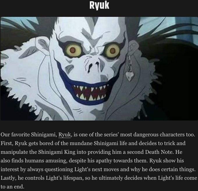 An anime-style image of the character Ryuk from Death Note, described as one of the series' most dangerous Shinigami who manipulates the Shinigami King and controls Light's lifespan.