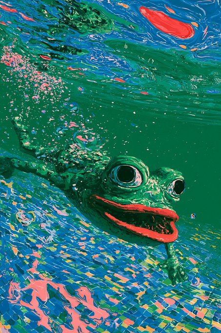 A vibrant, psychedelic painting depicts a wide-eyed green frog swimming underwater amid swirling blues, pinks, and greens, with its bright red tongue extending outward. The artwork embodies the post's theme of uninhibited aquatic freedom, capturing that surreal, boundary-less sensation of shedding constraints—both literal and figurative—beneath the surface.