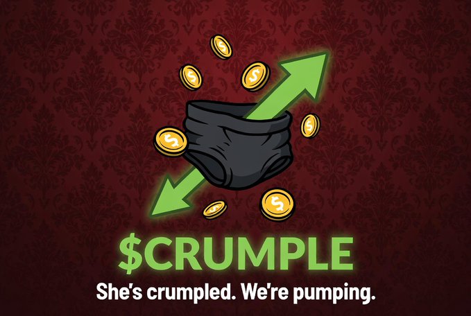 A promotional graphic for '$CRUMPLE' featuring shorts, gold coins, and green arrows pointing in opposite directions, with the tagline 'She's crumpled. We're pumping.'