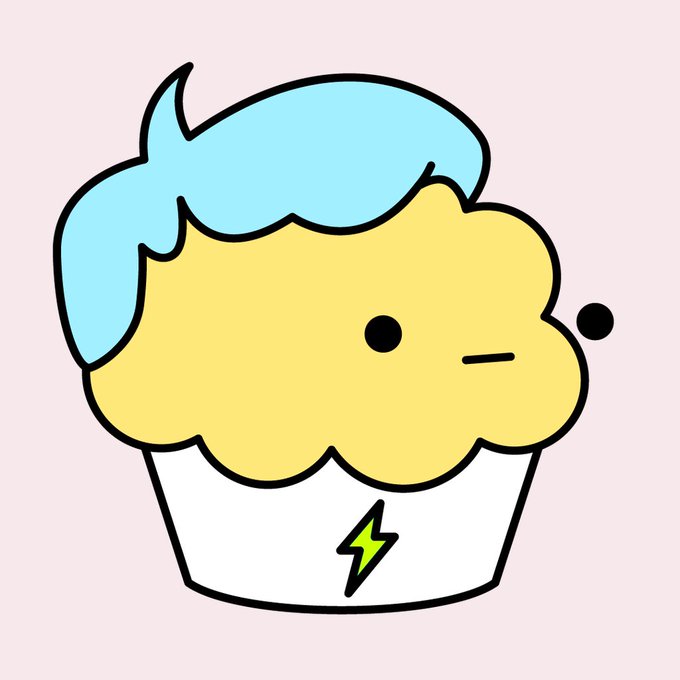 A cartoon illustration shows a cute yellow cupcake character with light blue frosting on top, featuring a simple face and a lightning bolt symbol on its white wrapper.
