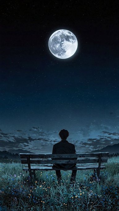 urn of gold sits on a bench, with the person's back to the viewer and a full moon casting a soft glow over the scene.